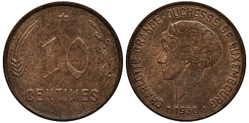 Люксембург 10 сантимов 1930 Шарлотта (1918-1964) KM 41 бронза 4538-735