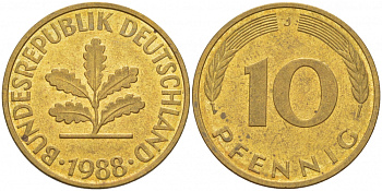 ФРГ 10 ПФЕННИГОВ 1988 J KM 108, J.383 сталь плакированная латунью 3718-835