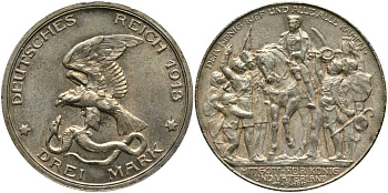 Пруссия 3 марки 1913 Вильгельм II (1888-1918), 100 лет победы над Наполеоном KM 534, J. 110 серебро 1515-1431