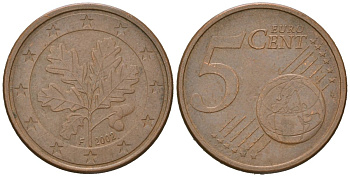 Германия 5 евроцентов 2002 F KM 209 сталь плакированная медью 4529-947