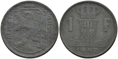 Бельгия 1 франк 1942 Belgique - Belgie, Леопольд III (1934-1947), германская оккупация, Вторая мировая война KM 127 цинк 4161-453