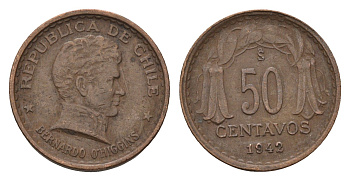 Чили 50 сентаво 1942 год-тип KM 178 медь 4685-847