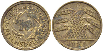 ГЕРМАНИЯ 10 РЕЙХСПФЕННИГОВ 1925 G KM 40, J. 317 алюминиевая бронза 175-212