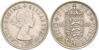 Великобритания 1 шиллинг 1956 Елизавета II (1952-2022), Английский герб KM 904, Spink 4147 медно-никель 4556-625