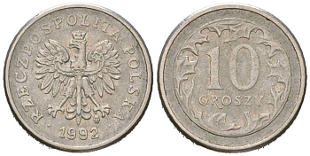 Польша 10 грошей 1992 KM 279 медно-никель aUNC 4532-355
