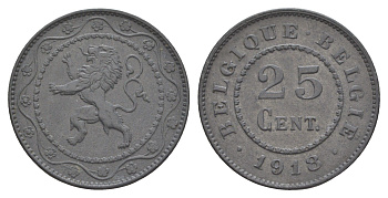 Бельгия 25 сантимов 1918 германская оккупация Первая мировая война, Альберт I (1909-1934) KM 82 цинк 4156-847