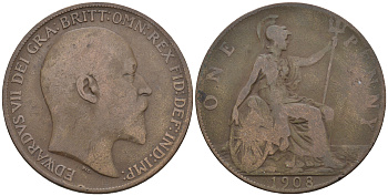 Великобритания 1 пенни 1908 Эдуард VII (1901-1910) KM 794.2, Spink 3990 бронза 4607-1016