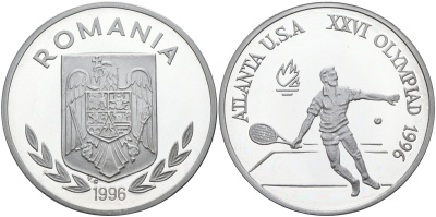 Румыния 100 леев 1996 XXVI Олимпийские игры 1996 года в Атланте, 100 лет Олимпийскому движению, большой теннис, пробный выпуск KM PnD 315.1A1 алюминий  PROOF  11-156-44