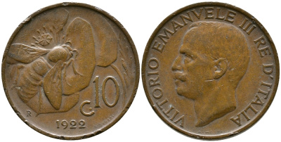 ИТАЛИЯ 10 ЧЕНТЕЗИМО 1922 R, ВИКТОРИО ЭМАНУИЛ III, ПЧЕЛА KM 60 медь 87-1237