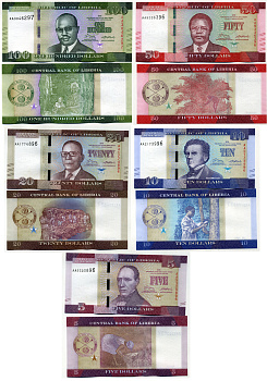Либерия 5, 10, 20, 50 и 100 долларов 2016 Pick 31 a, 32 a, 33 a, 34 a, 35 a бумага UNC (пресс) 448-94-2