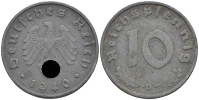 ГЕРМАНИЯ 10 РЕЙХСПФЕННИГОВ 1940 D KM 101, J. 371 цинк 4401-836