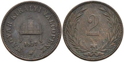 Венгрия 2 филлера 1897 KB, Франц Иосиф I (1848-1916) KM 481 бронза 4151-934