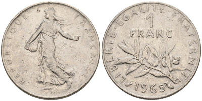 Франция 1 франк 1965 сеятель KM 925.1, Le Franc 226.9 никель 68-1226