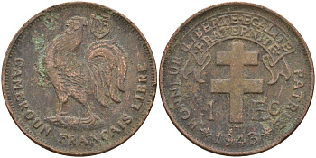 Французский Камерун 1 франк 1943 SA, петух, с Libre, монетный двор Претория KM 7 бронза 4137-933