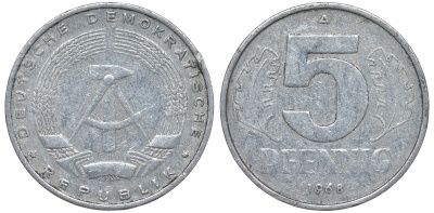 ГДР 5 ПФЕННИГОВ 1968 A KM 9.1 алюминий 62-124