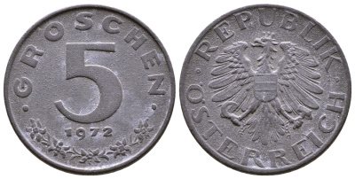 АВСТРИЯ 5 ГРОШЕЙ 1972 КМ 2875 цинк 4379-766