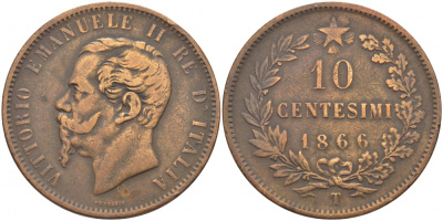 ИТАЛИЯ 10 ЧЕНТЕЗИМО 1866 T, ВИКТОР ЭММАНУИЛ II (1861-1878)KM 11.6 медь 114-621