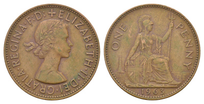 Великобритания 1 пенни 1963 Елизавета II (1952-2022) KM 897, Spink 4157 бронза 4531-813