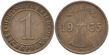 Германия 1 рейхспфенниг 1935 F, Веймарская республика KM 37 бронза 4547-248