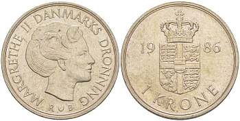 Дания 1 крона 1986 R;B, Маргрете II (1972- ) KM 862.3 медно-никель 3459-112
