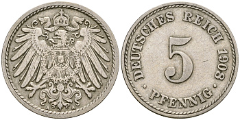Германия 5 пфеннигов 1908 A KM 11, Jager 12, Weege 6 медно-никель 4364-3653