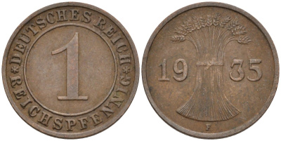 Германия 1 рейхспфенниг 1935 F, Веймарская республика KM 37 бронза 4547-248