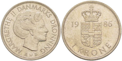 Дания 1 крона 1986 R;B, Маргрете II (1972- ) KM 862.3 медно-никель 3459-112