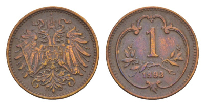 Австрия 1 геллер 1893 Франц Иосиф I (1848-1916) KM 2800 бронза 4639-953