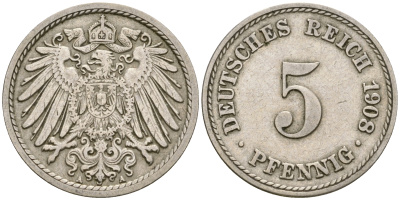 Германия 5 пфеннигов 1908 A KM 11, Jager 12, Weege 6 медно-никель 4364-3653