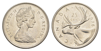 Канада 25 центов 1976 Елизавета II (1952-2022), олень KM 62b никель 4638-521