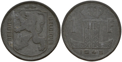 Бельгия 1 франк 1945 Belgie - Belgique, Леопольд III (1934-1947), германская оккупация, Вторая мировая война KM 128 цинк 4161-614