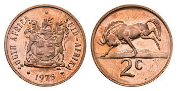 ЮАР 2 цента 1975 герб, антилопа гну KM 83 бронза PROOF 1529-814