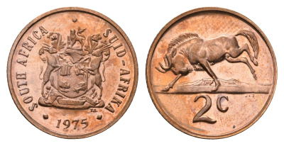 ЮАР 2 цента 1975 герб, антилопа гну KM 83 бронза PROOF 1529-814