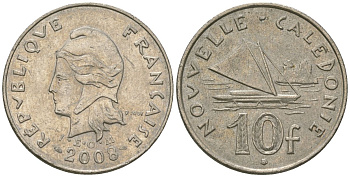 Французская Новая Каледония 10 франков 2008 рыбачья парусная лодка, (IEOM) KM 11a, Schoen 13a, Lec 99k медно-никель 60-843