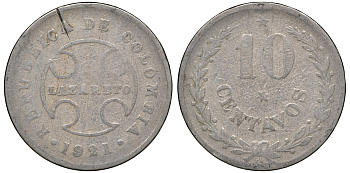 Колумбия 10 сентаво 1921 государственный лепрозорий KM L12 медно-никель 53-436