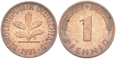 ФРГ 1 ПФЕННИГ 1981 G KM 105, J. 380 сталь плакированная медью 4181-644