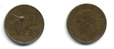 ИТАЛИЯ 10 ЧЕНТЕСИМО 1924 R ПЧЕЛА KM 60 медь 35-1251