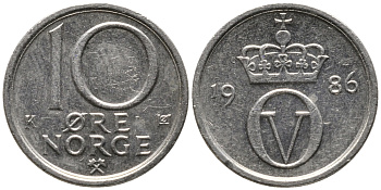 НОРВЕГИЯ 10 ЭРЕ 1986 УЛАФ V (1957-1991) KM 416 медно-никель 100-724