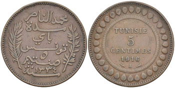 Тунис 5 сантимов 1916 A KM 235 бронза     4523-756