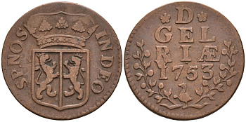 Гельдерланд (Gelderland), Нидерланды 1 дуит 1753 KM 88 медь 4525-1247