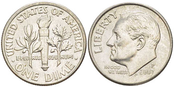 США 10 ЦЕНТОВ = 1 ДАЙМ 2007 Р, РУЗВЕЛЬТ KM 195а медь плакированная медно-никелем 211-1146