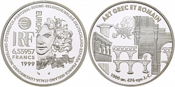 Франция 1 евро = 6,55957 франков 2000 греко-романский стиль в архитектуре (1000 до н.э.- 476 н.э.) KM 1244 серебро PROOF 11-177-12