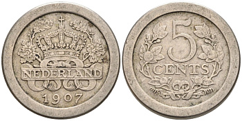 Нидерланды 5 центов 1907 Вильгельмина (1890-1948) KM 137 медно-никель 4576-764