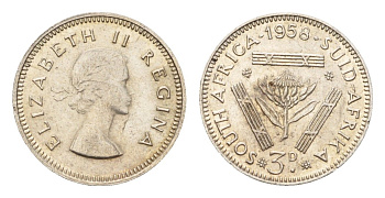 ЮАР 3 пенса 1958 Елизавета II (1952-2022) KM 47 серебро 54-968
