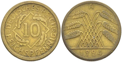 ГЕРМАНИЯ 10 РЕЙХСПФЕННИГОВ 1924 A KM 40, J. 317, Weege 9 алюминиевая бронза 210-336