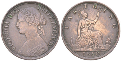 Великобритания 1 фартинг 1860 Виктория (1837-1901) KM 747.2, Spink 3958 бронза 4613-419