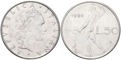 Италия 50 лир 1985 R, бог Вулкан у наковальни KM 95.1 нержавеющая сталь 4159-624