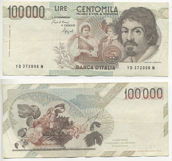 Италия 100000 лир 1983 Караваджо, фруктовый букет, подпись Speziali Pick 110b бумага 7220-15-1