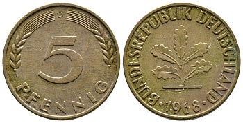 ФРГ 5 ПФЕННИГОВ 1968 D KM 107, J.382 сталь плакированная латунью 26-1144