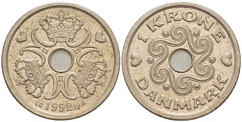 ДАНИЯ 1 КРОНА 1992 LG; JP; A, МАРГРЕТЕ II (1972-) KM 873.1 медно-никель 67-542